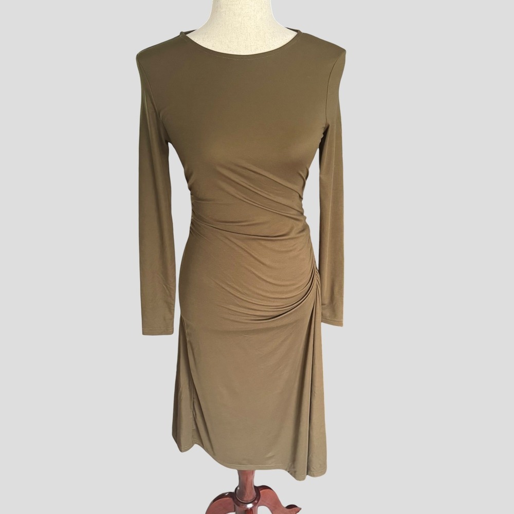 OGL Move Olive Brown Ruched Long Sleeve Tencel Midi Dress Small NWT earthcore